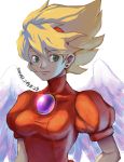  1girl absurdres angel_wings blonde_hair breasts breath_of_fire breath_of_fire_iii closed_mouth commentary_request dress green_eyes hairband highres looking_at_viewer nina_(breath_of_fire_iii) puffy_sleeves short_hair simple_background smile solo white_background white_wings wings 