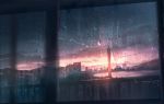  absurdres blurry blurry_foreground building city clouds depth_of_field dutch_angle highres hill horizon no_humans original railing rain scenery signature sky skyrick9413 tree twilight water water_drop window 