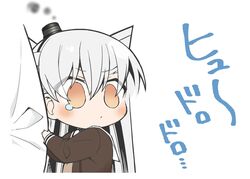  1girl 1other amatsukaze_(kantai_collection) ataru_(ataru-littlebird) brown_dress brown_eyes chibi commentary dress hair_tubes hat hug kantai_collection long_hair mini_hat sailor_collar sailor_dress silver_hair simple_background smokestack_hair_ornament translated two_side_up white_background white_sailor_collar windsock 