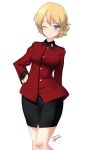 1girl artist_name black_skirt blonde_hair blue_eyes blush braid breasts closed_mouth darjeeling_(girls_und_panzer) dated eyebrows_visible_through_hair girls_und_panzer hand_on_hip highres jacket kuzuryuu_kennosuke large_breasts looking_at_viewer military military_uniform one_eye_closed red_jacket shiny shiny_hair shiny_skin simple_background skirt smile solo st._gloriana&#039;s_military_uniform standing uniform white_background 