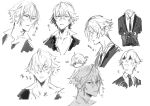  1boy absurdres character_name character_sheet closed_mouth collarbone formal gloves greyscale hair_between_eyes highres male_focus mayutsuba_mono monochrome multiple_views necktie nero_(mayutsuba_mono) open_mouth original parted_lips simple_background sketch suit white_background 