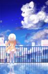  1girl absurdres alolan_form alolan_vulpix balloon blonde_hair braid cityscape clouds commentary day dress fence floating_hair from_behind gen_7_pokemon hat high_heels highres lillie_(pokemon) long_hair outdoors pinlin pokemon pokemon_(game) pokemon_sm reflection sky twin_braids white_dress white_headwear 