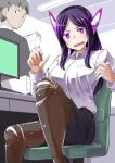  1boy 1girl bright_pupils character_request commentary_request copyright_request grey_hair highres kisa_kazuyuki looking_down office_lady open_mouth purple_hair surprised torn_clothes v-shaped_eyebrows violet_eyes white_pupils 