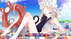  1girl abigail_williams_(fate/grand_order) abigail_williams_(swimsuit_foreigner)_(fate) bangs bare_shoulders bikini black_cat blonde_hair blue_eyes blue_sky blush bonnet bow breasts cat fate/grand_order fate_(series) feixiang_c forehead hair_bow highres innertube legs long_hair miniskirt navel ocean parted_bangs sidelocks skirt sky small_breasts smile sparkle swimsuit twintails very_long_hair wet white_bikini white_bow white_headwear 