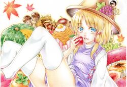  1girl apple autumn_leaves bangs blonde_hair blue_eyes colored_pencil_(medium) eating food food_themed_hair_ornament foot_out_of_frame fruit grape_hair_ornament grapes hair_ornament hair_ribbon hat highres long_sleeves looking_at_viewer moriya_suwako mushroom nora_wanko parted_bangs pasta pumpkin purple_skirt purple_vest red_ribbon ribbon shirt shoes short_hair short_hair_with_long_locks skirt skirt_set solo spaghetti sweet_potato thigh-highs touhou traditional_media vest white_legwear white_shirt wide_sleeves 