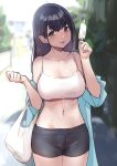  1girl :p bag bangs bare_shoulders black_eyes black_hair black_shorts blue_jacket bra breasts crotch_seam dh-zone eating eyebrows_visible_through_hair food hair_between_eyes highres holding ice_cream jacket large_breasts long_hair looking_at_viewer midriff navel off_shoulder open_clothes open_jacket original outdoors short_shorts shorts solo sweat tongue tongue_out underwear white_bra 