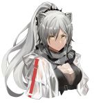  1girl absurdres animal_ear_fluff animal_ears arknights bangs breasts cat_ears chinese_commentary commentary_request cropped_torso grey_scarf hair_between_eyes highres jacket kira_(kirakrr) large_breasts long_hair looking_at_viewer open_clothes open_jacket partial_commentary scarf schwarz_(arknights) silver_hair simple_background solo upper_body white_background white_jacket yellow_eyes 