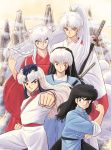  5boys absurdres alternate_hairstyle bangs black_eyes black_hair braid braided_ponytail brothers brown_eyes chinese_clothes clenched_hand clouds creator_connection crescent crossover facial_mark facial_scar forehead_mark hair_down hair_tousle hairstyle_switch hand_up herb_(ranma_1/2) high_ponytail highres inuyasha inuyasha_(character) japanese_clothes katana kimono long_hair looking_at_viewer male_focus mao_(mao) mao_(takahashi_rumiko) mountain multicolored_hair multiple_boys multiple_crossover outstretched_arm pants pointy_ears ponytail ranma_1/2 red_eyes ribbon-trimmed_sleeves ribbon_trim saotome_ranma sash scar sesshoumaru shinkan siblings sidelocks single_braid sleeves_rolled_up smile sword two-tone_hair very_long_hair weapon white_hair yellow_eyes 