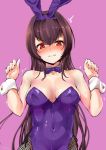  1girl animal_ears bangs blush breasts bunnysuit detached_collar fake_animal_ears fate/grand_order fate_(series) fishnet_legwear fishnets hair_between_eyes highleg highleg_leotard highres large_breasts leotard long_hair looking_at_viewer nagatani_(nagata2) pantyhose purple_background purple_hair purple_leotard rabbit_ears red_eyes scathach_(fate)_(all) scathach_(fate/grand_order) simple_background thighs wrist_cuffs 