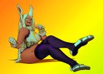  1girl absurdres animal_ears black_legwear boku_no_hero_academia breasts bunny_tail carrot clenched_hand crossed_legs dark_skin eating food gloves highres impossible_clothes large_breasts leotard long_hair mirko orange_background rabbit_ears sanefox sharp_teeth sitting smile tail teeth thick_thighs thigh-highs thighs toes toned white_gloves white_hair 