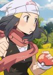  1girl artist_name beanie black_hair blush clenched_hand closed_mouth clouds commentary hikari_(pokemon) day eyelashes grass grey_eyes hair_ornament hairclip hat highres holding holding_poke_ball hunnyamai outdoors pink_scarf poke_ball poke_ball_(basic) pokemon pokemon_(game) pokemon_dppt scarf sidelocks sky solo white_headwear 