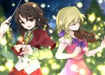  2girls alternate_costume blonde_hair brown_hair capelet christmas christmas_tree denciu dress highres instrument maribel_hearn multiple_girls night night_sky no_hat no_headwear outdoors pink_dress red_skirt shirt skirt sky touhou usami_renko violin white_shirt yellow_neckwear 