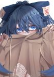  1girl blue_bow blue_eyes blue_hair blush bow brown_hair commentary_request fall_dommmmmer hair_between_eyes hair_bow highres long_hair long_sleeves looking_to_the_side simple_background solo sweat touhou upper_body white_background yorigami_shion 