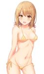  1girl absurdres arms_behind_back bangs bare_shoulders bikini blush breasts collarbone cowboy_shot eyebrows_visible_through_hair groin highres inanaki_shiki isshiki_iroha legs_apart light_brown_hair looking_at_viewer medium_breasts micro_bikini navel open_mouth parted_bangs shiny shiny_hair shiny_skin short_hair side-tie_bikini simple_background solo string_bikini swimsuit thighs tongue under_boob white_background wide_hips yahari_ore_no_seishun_lovecome_wa_machigatteiru. yellow_bikini yellow_eyes 