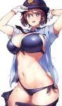  1girl adjusting_clothes adjusting_headwear arms_up bikini black_neckwear blush breasts brown_hair cowboy_shot gloves hat highres large_breasts looking_at_viewer navel necktie open_clothes open_mouth original police police_hat shimazu_tekkou shirt short_hair short_sleeves side-tie_bikini solo stomach swimsuit translation_request violet_eyes wet white_background white_gloves 