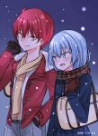  2boys akabane_karma ansatsu_kyoushitsu bag bangs belt blue_eyes blue_hair blush dated fur_trim gloves hand_in_pocket jacket long_hair looking_at_another multiple_boys open_mouth otoko_no_ko redhead scarf shiota_nagisa shirt short_hair simple_background smile snow snowing tenten_(kitty) yellow_eyes 