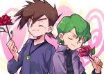  2boys aihara_(ihara113o) brown_hair closed_mouth commentary_request drew_(pokemon) eyebrows_visible_through_hair flower gary_oak green_eyes green_hair hand_up holding holding_flower jacket jewelry long_sleeves looking_at_viewer male_focus multiple_boys necklace one_eye_closed pokemon pokemon_(anime) pokemon_(classic_anime) pokemon_rse_(anime) purple_jacket purple_shirt red_flower red_rose rose shirt smile spiky_hair upper_body 