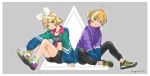  1boy 1girl aqua_eyes bangs bike_shorts binchou_maguro black_pants blonde_hair bow commentary drawstring grey_background grin hair_bow hair_ornament hairclip highres jacket kagamine_len kagamine_rin knees_up looking_at_viewer pants shoes short_hair short_ponytail sitting smile sneakers spiky_hair sports_bra swept_bangs track_jacket triangle vocaloid white_bow 