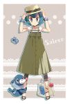  1girl alternate_costume arms_up bag bangs black_footwear blue_eyes blue_hair character_name collarbone commentary_request dress eyelashes gen_4_pokemon gen_7_pokemon hands_on_headwear hat lana_(pokemon) leg_hug looking_at_viewer no_sclera pokemon pokemon_(anime) pokemon_(creature) pokemon_on_leg pokemon_sm_(anime) popplio rotom rotom_phone sandals sasairebun scrunchie shirt short_hair short_sleeves striped striped_shirt wrist_scrunchie 