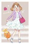  1girl :d alternate_costume bag blue_bow blue_eyes blue_footwear blush bow braid brown_hair buttons cardigan collarbone commentary_request dress eyelashes flats floral_print gen_3_pokemon hand_up handbag jewelry may_(pokemon) necklace open_mouth pink_handbag pokemon pokemon_(anime) pokemon_(creature) pokemon_rse_(anime) purple_cardigan sasairebun shiny shiny_hair smile teeth tongue torchic 