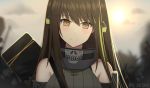  1girl absurdres brown_eyes brown_hair eyebrows_visible_through_hair girls_frontline highres jiafei2o3 long_hair looking_at_viewer m4a1_(girls_frontline) mask_around_neck multicolored_hair smile solo sweater 