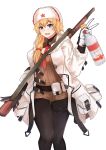  1girl :d alcohol alternate_costume blonde_hair blue_eyes bolt_action bottle dress feet_out_of_frame fur_hat girls_frontline gloves gun hat highres holding holding_bottle long_hair mod3_(girls_frontline) mosin-nagant mosin-nagant_(girls_frontline) muteppona_hito open_mouth pantyhose parted_lips red_star rifle side_ponytail smile sniper_rifle thigh-highs thigh_strap ushanka v vodka weapon weapon_on_back white_background white_dress white_headwear 