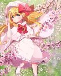  1girl absurdres ametama_(runarunaruta5656) ankle_socks blonde_hair blue_eyes blush bow capelet cherry_blossoms dress flower foot_out_of_frame frilled_skirt frills from_above hair_bow hand_on_own_stomach hand_up hat highres holding holding_flower knee_up lily_white long_hair long_sleeves looking_at_viewer lying medium_skirt no_wings on_back on_grass petals sash skirt solo touhou wide_sleeves 