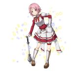  1girl apron boots breastplate brown_footwear closed_mouth frilled_skirt frills full_body gauntlets gloves hair_ornament hairclip hand_on_hilt hand_on_hip highres knee_boots leaning_to_the_side lisbeth long_sleeves miniskirt neck_ribbon official_art pink_hair pleated_skirt red_eyes red_ribbon red_shirt red_skirt ribbon shiny shiny_hair shirt short_hair skirt smile solo standing sword_art_online sword_art_online:_code_register thigh_strap transparent_background waist_apron war_hammer weapon white_apron white_gloves 
