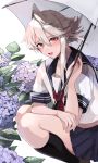  1boy asymmetrical_hair bangs black_legwear blue_skirt blush corrin_(fire_emblem) corrin_(fire_emblem)_(male) crossdressinging eyelashes feet_out_of_frame fire_emblem fire_emblem_fates flower highres holding holding_umbrella kneehighs looking_at_viewer male_focus midriff_peek open_mouth pleated_skirt red_eyes red_neckwear sailor_collar school_uniform serafuku shirt short_sleeves silver_hair single_sidelock skirt solo squatting umbrella w_(1999_kyu) white_shirt 