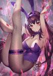  1girl animal_ears armpits arms_up bangs blush breasts bunnysuit commentary_request detached_collar fake_animal_ears fate/grand_order fate_(series) fishnet_legwear fishnets gae_bolg hair_between_eyes highleg highleg_leotard large_breasts leg_garter legs_up leotard long_hair looking_at_viewer pantyhose parted_lips polearm purple_hair purple_leotard rabbit_ears red_eyes scathach_(fate)_(all) scathach_(fate/grand_order) smile spear thighs weapon wrist_cuffs yoshimoto_(dear_life) 