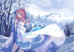  1girl ark_order blue_eyes highres japanese_clothes kimono long_hair pink_hair scarlet_dango snow snowflake_print solo tied_hair winter yuki_onna_(ark_order) 