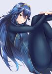  1girl ameno_(a_meno0) bangs blue_eyes blue_hair bodysuit fire_emblem fire_emblem_awakening hair_between_eyes hand_on_own_knee highres long_hair looking_at_viewer lucina lucina_(fire_emblem) ribbed_bodysuit shiny shiny_hair simple_background smile solo thighs tiara 