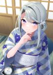  alternate_costume alternate_hairstyle finger_to_chin highres indoors japanese_clothes kantai_collection kimono looking_at_viewer mizuki_eiru_(akagi_kurage) sagiri_(kantai_collection) searchlight sidelocks silver_hair smile violet_eyes yukata 