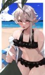  1boy asymmetrical_hair beach bikini bikini_under_clothes black_bikini blue_sky blush border collarbone commentary_request corrin_(fire_emblem) corrin_(fire_emblem)_(male) cowboy_shot crossdressinging embarrassed eyelashes fire_emblem fire_emblem_fates frilled_bikini frills highres looking_at_viewer male_focus navel open_clothes open_mouth open_shirt red_eyes shiny shiny_skin shirt silver_hair single_sidelock sky solo sweatdrop swimsuit w_(1999_kyu) white_border white_shirt 