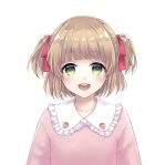  1girl :d blush brown_hair green_eyes hair_ribbon looking_at_viewer merumeito_(amemura_mera) open_mouth original red_ribbon ribbon short_twintails smile solo twintails upper_body virtual_youtuber 