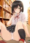  1girl black_hair black_legwear blurry blurry_background blush book bookshelf breasts collared_shirt commentary_request depth_of_field dress_shirt green_eyes grey_skirt hand_up highres indoors komori_kuzuyu looking_at_viewer mole mole_on_thigh neck_ribbon on_floor one_eye_closed original panties parted_lips plaid plaid_skirt pleated_skirt red_ribbon ribbed_legwear ribbon shirt shoe_soles shoes short_hair short_sleeves sitting skirt small_breasts socks solo underwear white_footwear white_panties white_shirt 