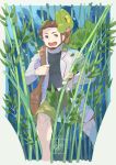  1boy belt birch_(pokemon) black_shirt brown_bag commentary_request facial_hair fingernails gen_3_pokemon grey_eyes highres holding_strap kikuyoshi_(tracco) knees labcoat leaf long_sleeves looking_to_the_side on_shoulder open_mouth pokemon pokemon_(creature) pokemon_(game) pokemon_on_shoulder pokemon_rse shirt shorts teeth tongue treecko 
