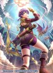  1boy 1girl absurdres armor ass bernadetta_von_varley bike_shorts boots bow_(weapon) castle clouds crossbow fire_emblem fire_emblem:_three_houses from_behind from_below full_body hair_ornament highres knight looking_at_viewer medium_hair nintendo official_art purple_hair sky smile violet_eyes weapon 