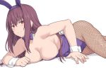  1girl animal_ears bangs blush breasts bunnysuit covered_navel detached_collar fake_animal_ears fate/grand_order fate_(series) fishnet_legwear fishnets hair_between_eyes highleg highleg_leotard large_breasts leotard long_hair looking_at_viewer lying on_stomach pantyhose purple_hair purple_leotard rabbit_ears red_eyes scathach_(fate)_(all) scathach_(fate/grand_order) shiseki_hirame simple_background smile thighs white_background wrist_cuffs 