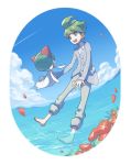  1boy bangs barefoot buttons clouds commentary_request da_(xjj_5) day flower gen_3_pokemon green_hair long_sleeves open_mouth outdoors pants petals pokemon pokemon_(creature) pokemon_(game) pokemon_oras ralts red_flower shirt sky sleeves_past_wrists teeth toes tongue wally_(pokemon) water white_shirt 