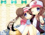  2girls ;o bare_shoulders baseball_cap black_vest blue_eyes blue_shorts blush bow brown_hair closed_mouth collarbone commentary_request copyright_name double_bun hat high_ponytail hilda_(pokemon) knees_up kouu_hiyoyo long_hair multiple_girls one_eye_closed parted_lips pink_bow pink_headwear pokemon pokemon_(game) pokemon_bw pokemon_bw2 ponytail raglan_sleeves rosa_(pokemon) shirt short_shorts shorts smile twintails very_long_hair vest visor_cap white_headwear white_shirt wrist_cuffs yellow_shorts 