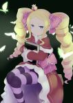  1girl beatrice_(re:zero) black_background blonde_hair blue_eyes book bow bug butterfly capelet commentary_request crown dress drill_hair hair_ribbon highres holding holding_book insect invisible_chair long_hair long_sleeves looking_at_viewer mini_crown pantyhose pink_bow purple_legwear re:zero_kara_hajimeru_isekai_seikatsu red_dress ribbon sidelocks sitting solo striped striped_legwear symbol-shaped_pupils tsuniwano twin_drills twintails 