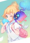  1girl artist_name backpack bag bangs blonde_hair blush braid closed_mouth commentary cosmog floating_hair gen_7_pokemon green_eyes holding_strap legendary_pokemon lillie_(pokemon) mootecky one_eye_closed pink_backpack pleated_skirt pokemon pokemon_(creature) pokemon_(game) pokemon_sm shiny shiny_hair short_sleeves skirt smile watermark 