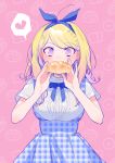  1girl absurdres ahoge akamatsu_kaede alternate_costume bare_arms blonde_hair blue_bow blue_dress blue_neckwear bow bread breasts check_commentary commentary_request cowboy_shot croissant dangan_ronpa dot_nose dress eyebrows_visible_through_hair food gingham gingham_dress hair_bow hair_ribbon heart highres holding holding_food medium_breasts musical_note musical_note_hair_ornament new_dangan_ronpa_v3 patterned_background pinafore_dress pink_background ribbon shirt short_hair short_sleeves solo spoken_heart undershirt violet_eyes white_shirt zang_li 