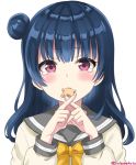  1girl bangs blue_hair blush bow bowtie commentary cookie crossed_fingers food long_hair long_sleeves looking_at_viewer love_live! love_live!_sunshine!! mouth_hold sakurai_makoto_(custom_size) school_uniform serafuku side_bun simple_background solo star-shaped_food symbol_commentary tears tsushima_yoshiko twitter_username upper_body uranohoshi_school_uniform violet_eyes white_background yellow_neckwear 