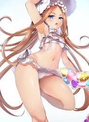  1girl abigail_williams_(fate/grand_order) abigail_williams_(swimsuit_foreigner)_(fate) armpits bangs bare_shoulders bikini blonde_hair blue_eyes blush bonnet bow braid breasts fate/grand_order fate_(series) forehead hair_bow hair_rings highres hinata_sora innertube long_hair miniskirt navel open_mouth parted_bangs sidelocks skirt small_breasts swimsuit thighs twin_braids twintails very_long_hair white_bikini white_bow white_headwear 