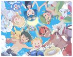  3boys 3girls ;d alolan_form alolan_marowak alolan_vulpix ash_ketchum bangs blonde_hair blue_eyes blue_hair bone brown_hair clawitzer clouds day from_below gen_1_pokemon gen_6_pokemon gen_7_pokemon goggles goggles_on_head highres holding_hands kiawe_(pokemon) lana_(pokemon) lillie_(pokemon) long_hair looking_at_viewer mallow_(pokemon) mei_(maysroom) multiple_boys multiple_girls on_shoulder one-piece_swimsuit one_eye_closed open_mouth orange_hair outdoors pikachu pokemon pokemon_(anime) pokemon_(creature) pokemon_on_shoulder pokemon_sm_(anime) popplio redhead rowlet shirtless short_hair shorts sky smile sophocles_(pokemon) starfish_hair_ornament staryu steenee sun swimsuit symbol_commentary teeth togedemaru tongue twintails v white_swimsuit 