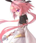  &gt;:) 1boy animal_ears astolfo_(fate) astolfo_(saber)_(fate) bangs black_bow black_ribbon bow closed_mouth determined fake_animal_ears fate/grand_order fate_(series) from_side hair_bow hair_intakes hair_ribbon highres holding holding_weapon kumo955 long_hair looking_at_viewer looking_to_the_side male_focus multicolored_hair otoko_no_ko pink_hair rabbit_ears ribbon simple_background smile solo streaked_hair twintails upper_body v-shaped_eyebrows violet_eyes weapon white_background white_hair wide_sleeves 