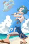  1girl aqua_hair blue_eyes blue_hair blue_pants clouds commentary_request fishing_rod gen_7_pokemon hairband highres holding holding_fishing_rod lana_(pokemon) looking_up mareanie open_mouth outdoors pants pokemon pokemon_(game) pokemon_sm sand sandals shirt shore short_hair signature sky sleeveless swimsuit swimsuit_under_clothes tongue trial_captain water yas9_9 
