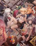  6+girls :d absurdres ahoge animal_ear_fluff animal_ears arknights bangs black_shorts black_skirt blonde_hair blue_eyes blue_poison_(arknights) breasts chinese_commentary commentary_request crop_top dutch_angle eunectes_(arknights) female_doctor_(arknights) finger_in_mouth fox_ears gavial_(arknights) grey_eyes greythroat_(arknights) highres huge_filesize indoors jinjide_shaonian large_breasts long_hair midriff miniskirt multiple_girls open_mouth orange_eyes orange_hair out_of_frame pink_hair pleated_skirt short_hair short_shorts shorts silver_hair skirt small_breasts smile strapless thigh-highs thighs tomimi_(arknights) tubetop vermeil_(arknights) zettai_ryouiki 
